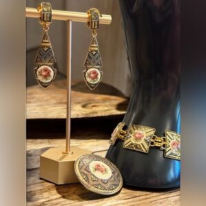Damascene Vintage Set Gold & Black Bracelet, Earrings & Brooch w/ Floral Enamel